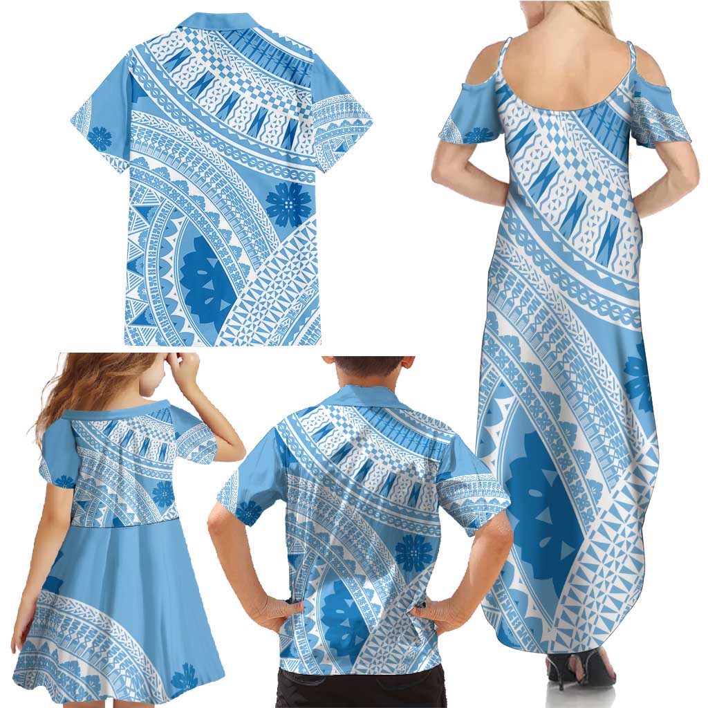 Bula Fiji Classic Masi Tapa Family Matching Summer Maxi Dress and Hawaiian Shirt Turquoise - Polynesian Pride