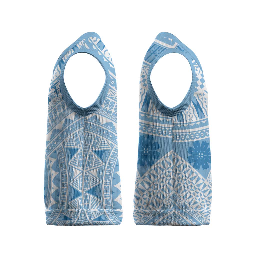 Bula Fiji Classic Masi Tapa Christmas Knitted V-Neck Vest Turquoise - Polynesian Pride