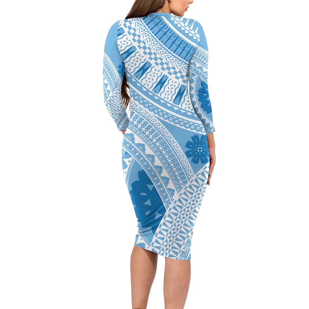Bula Fiji Classic Masi Tapa Long Sleeve Bodycon Dress Turquoise - Polynesian Pride