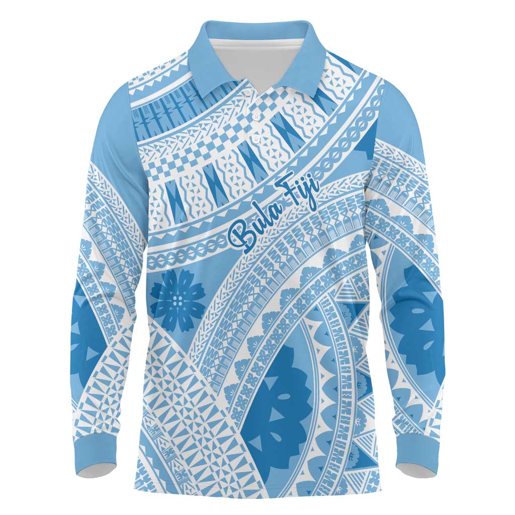 Bula Fiji Classic Masi Tapa Long Sleeve Polo Shirt Turquoise - Polynesian Pride