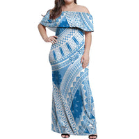 Bula Fiji Classic Masi Tapa Off Shoulder Maxi Dress Turquoise - Polynesian Pride