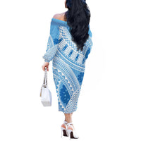 Bula Fiji Classic Masi Tapa Off The Shoulder Long Sleeve Dress Turquoise - Polynesian Pride