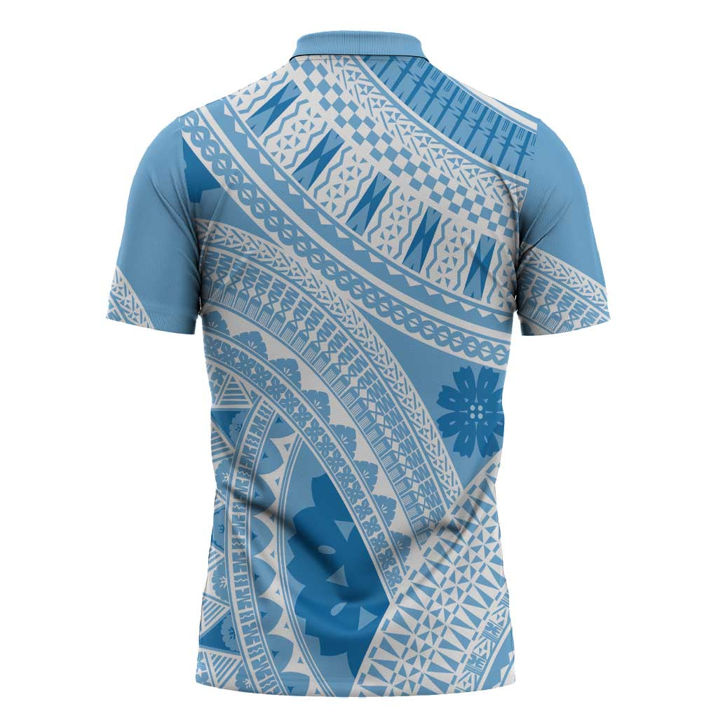 Bula Fiji Classic Masi Tapa Zipper Polo Shirt Turquoise - Polynesian Pride