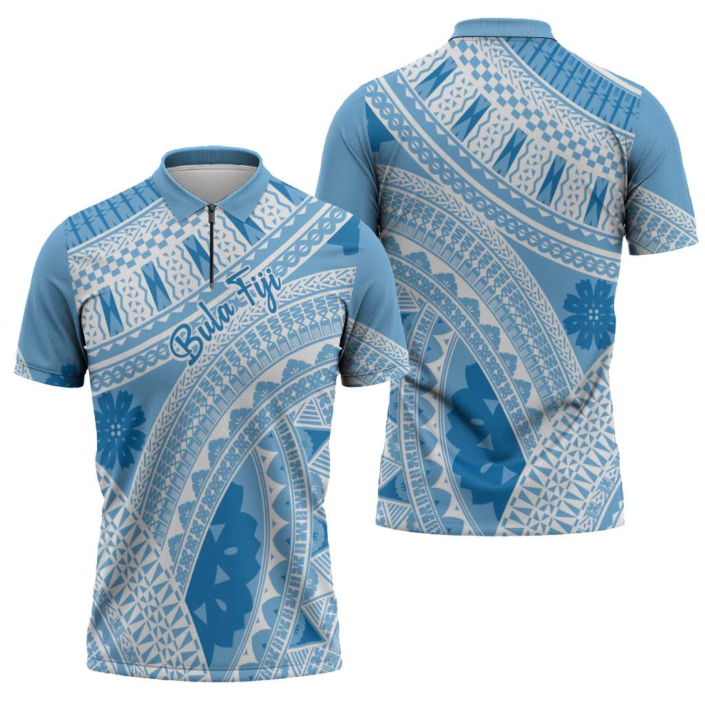 Bula Fiji Classic Masi Tapa Zipper Polo Shirt Turquoise - Polynesian Pride