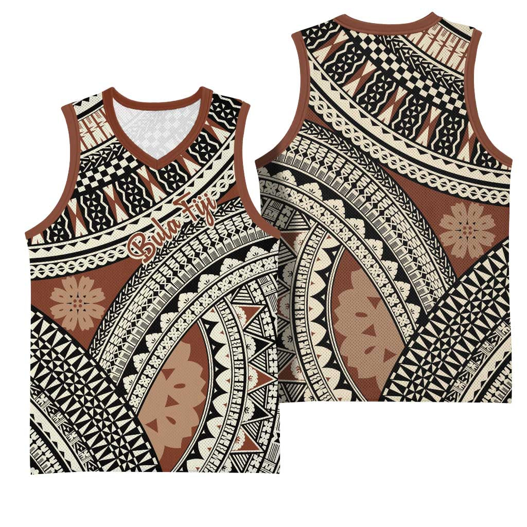 Bula Fiji Classic Masi Tapa Basketball Jersey Vintage Brown - Polynesian Pride