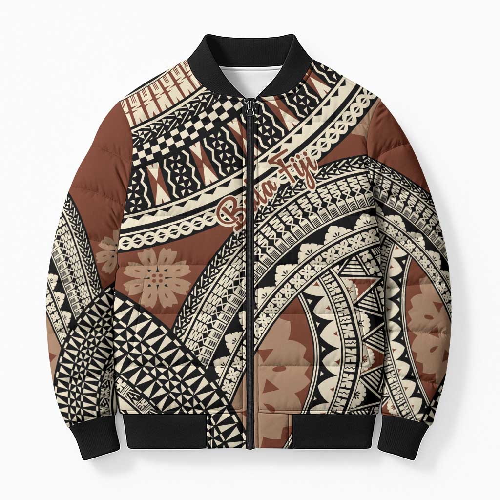 Bula Fiji Classic Masi Tapa Bomber Puffer Jacket Vintage Brown - Polynesian Pride