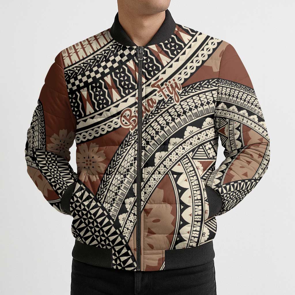 Bula Fiji Classic Masi Tapa Bomber Puffer Jacket Vintage Brown - Polynesian Pride