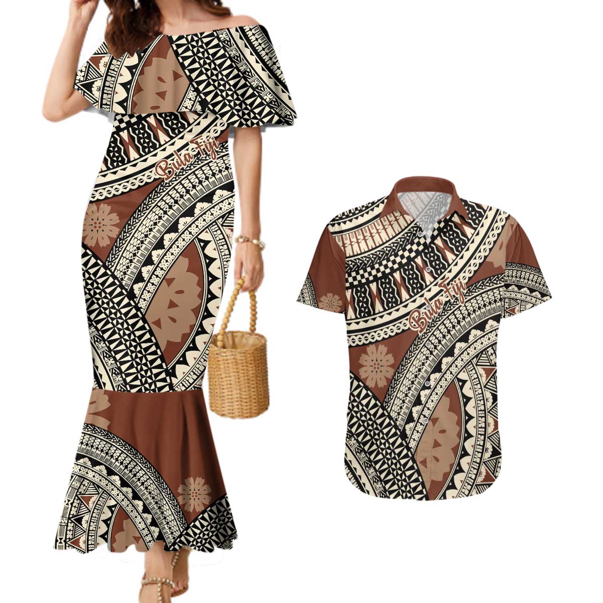 Bula Fiji Classic Masi Tapa Couples Matching Mermaid Dress and Hawaiian Shirt Vintage Brown - Polynesian Pride