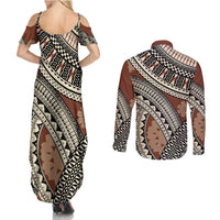Bula Fiji Classic Masi Tapa Couples Matching Summer Maxi Dress and Long Sleeve Button Shirt Vintage Brown - Polynesian Pride