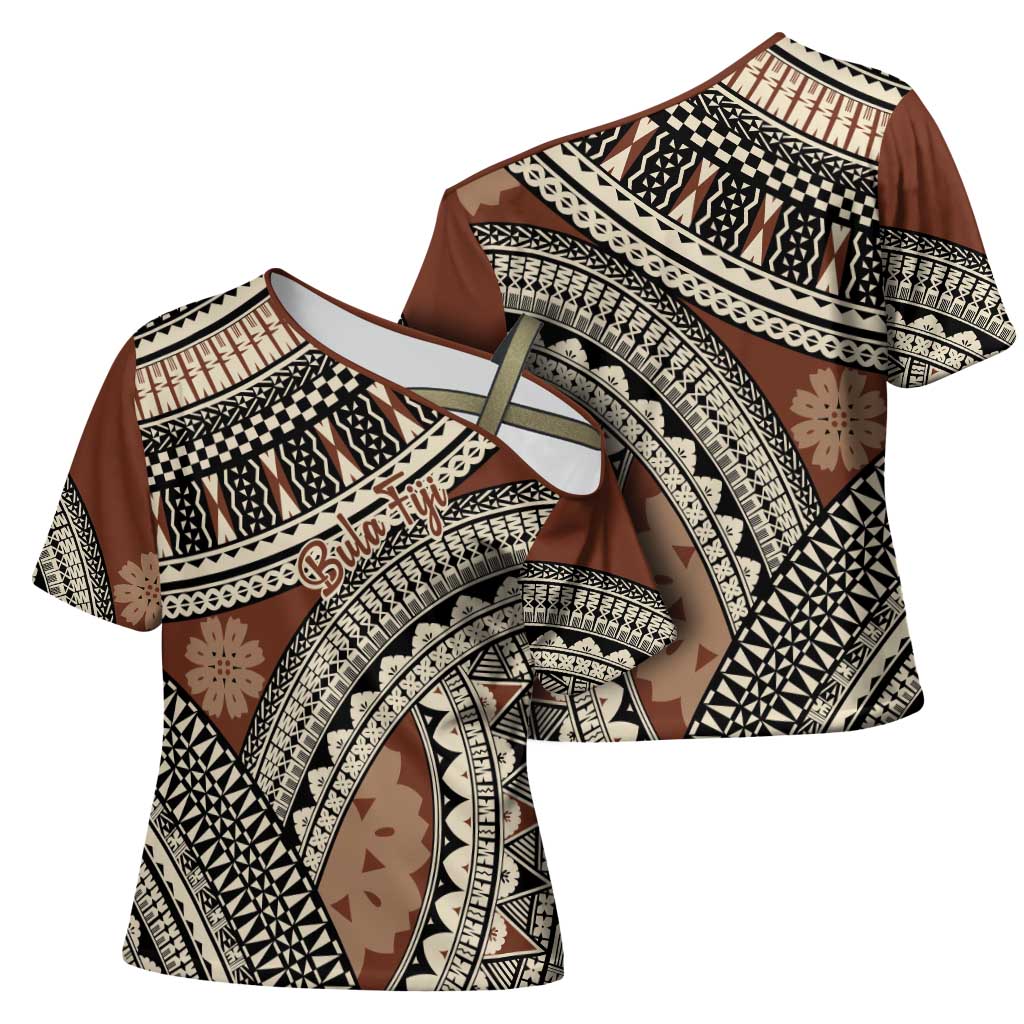 Bula Fiji Classic Masi Tapa Cross Shoulder Shirt Vintage Brown - Polynesian Pride