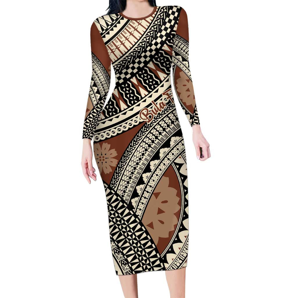 Bula Fiji Classic Masi Tapa Family Matching Long Sleeve Bodycon Dress and Hawaiian Shirt Vintage Brown - Polynesian Pride