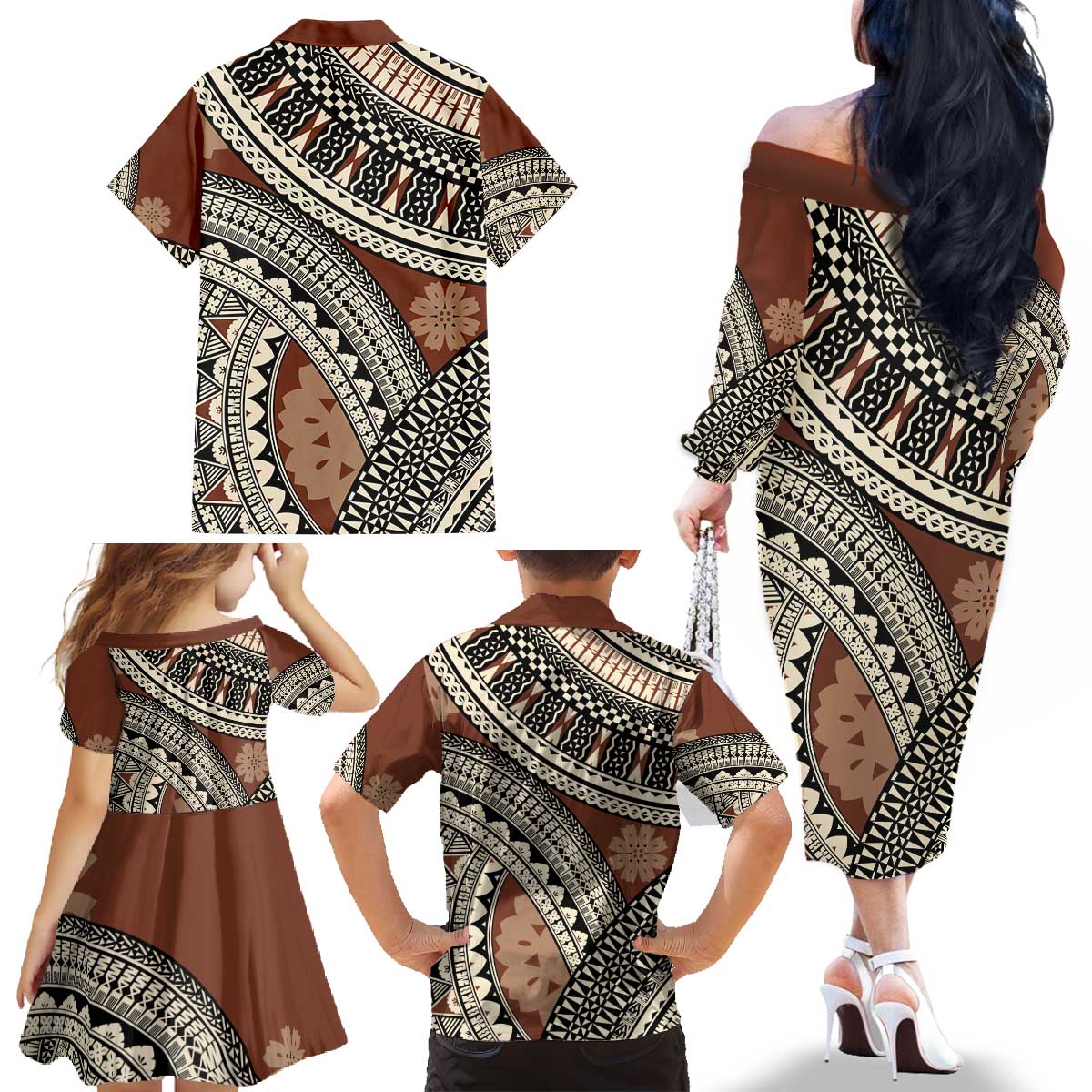 Bula Fiji Classic Masi Tapa Family Matching Off The Shoulder Long Sleeve Dress and Hawaiian Shirt Vintage Brown - Polynesian Pride