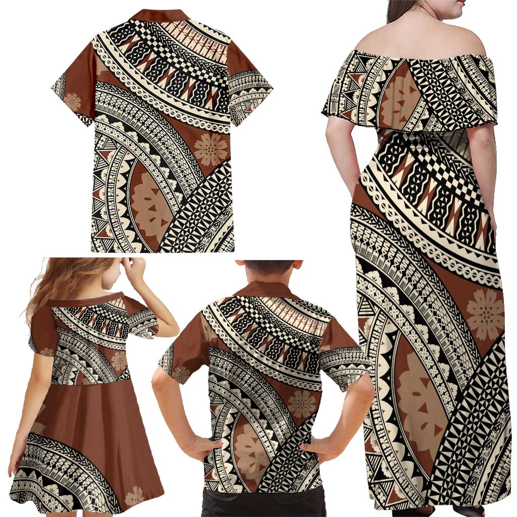 Bula Fiji Classic Masi Tapa Family Matching Off Shoulder Maxi Dress and Hawaiian Shirt Vintage Brown - Polynesian Pride