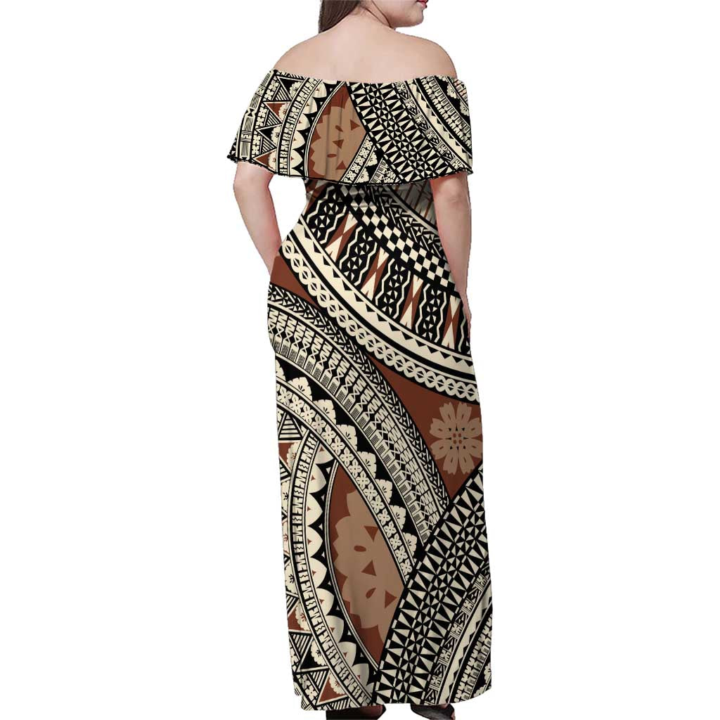 Bula Fiji Classic Masi Tapa Family Matching Off Shoulder Maxi Dress and Hawaiian Shirt Vintage Brown - Polynesian Pride