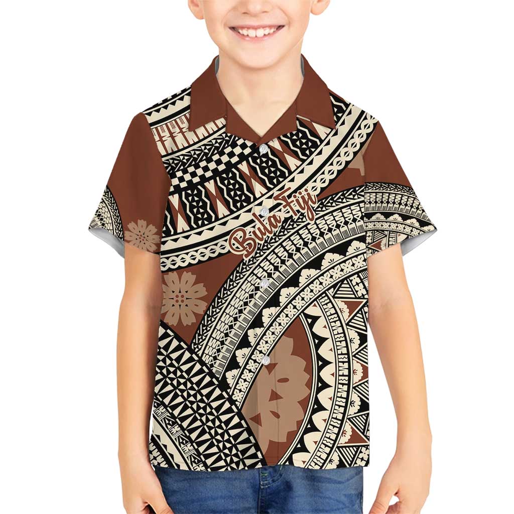 Bula Fiji Classic Masi Tapa Family Matching Off Shoulder Maxi Dress and Hawaiian Shirt Vintage Brown - Polynesian Pride