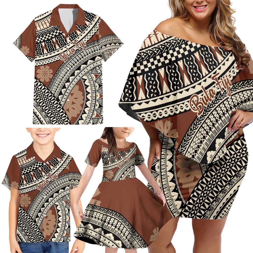 Bula Fiji Classic Masi Tapa Family Matching Off Shoulder Short Dress and Hawaiian Shirt Vintage Brown - Polynesian Pride