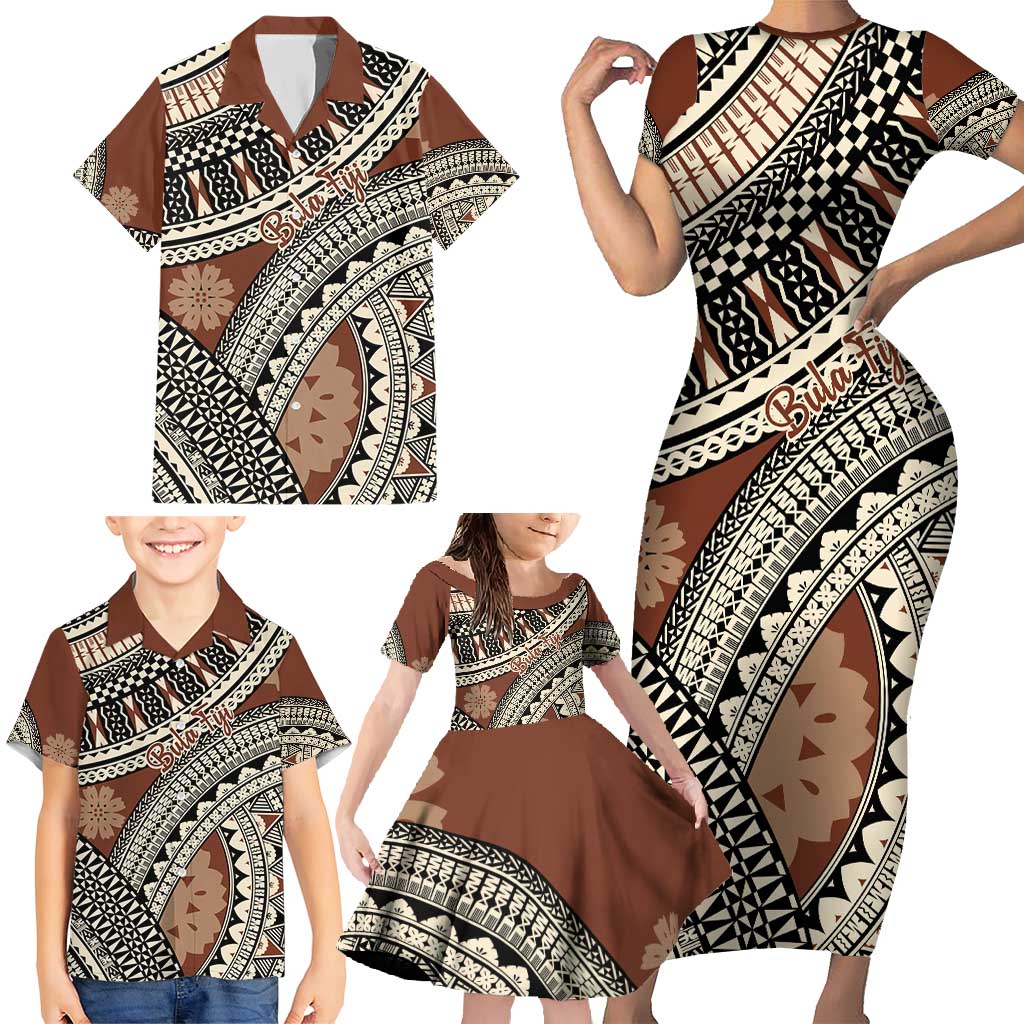 Bula Fiji Classic Masi Tapa Family Matching Short Sleeve Bodycon Dress and Hawaiian Shirt Vintage Brown - Polynesian Pride