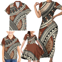 Bula Fiji Classic Masi Tapa Family Matching Short Sleeve Bodycon Dress and Hawaiian Shirt Vintage Brown - Polynesian Pride