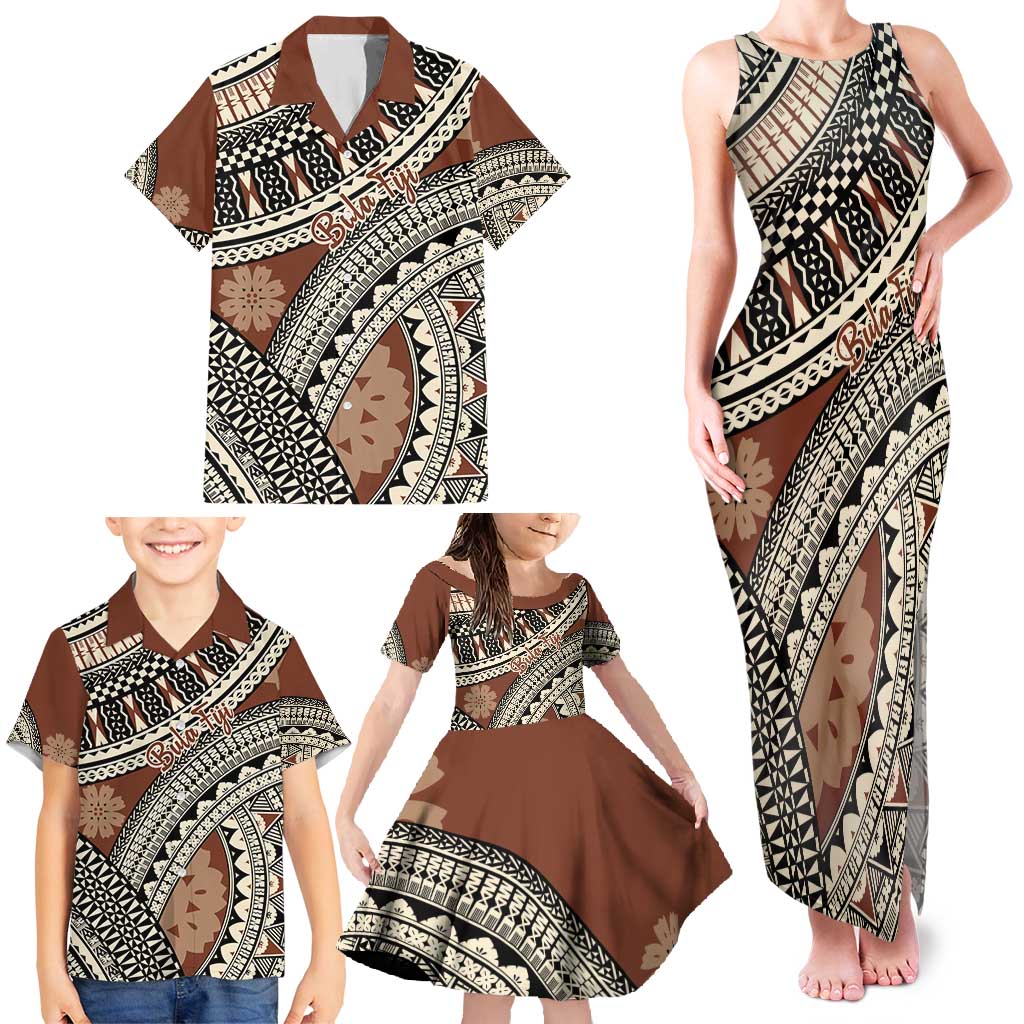 Bula Fiji Classic Masi Tapa Family Matching Tank Maxi Dress and Hawaiian Shirt Vintage Brown - Polynesian Pride