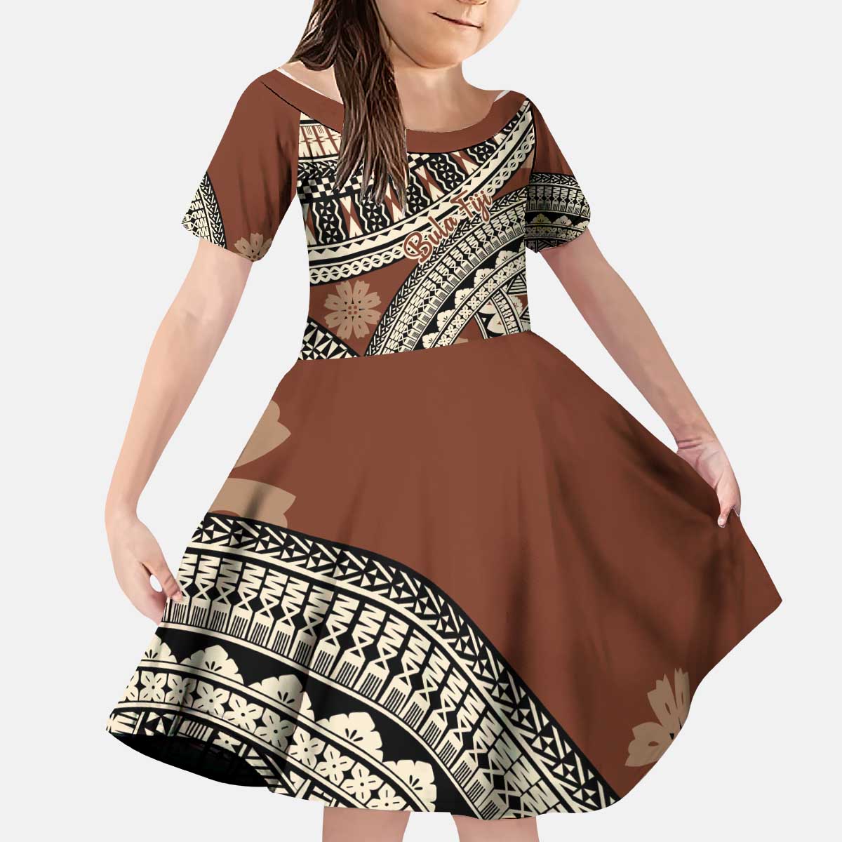 Bula Fiji Classic Masi Tapa Kid Short Sleeve Dress Vintage Brown - Polynesian Pride