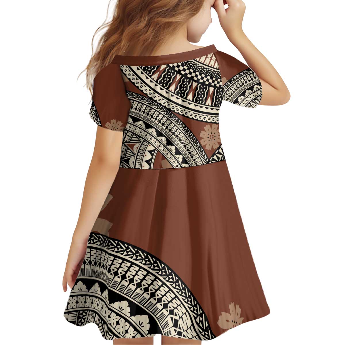 Bula Fiji Classic Masi Tapa Kid Short Sleeve Dress Vintage Brown - Polynesian Pride