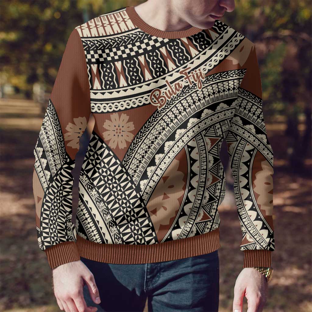 Bula Fiji Classic Masi Tapa Ugly Christmas Sweater Vintage Brown - Polynesian Pride