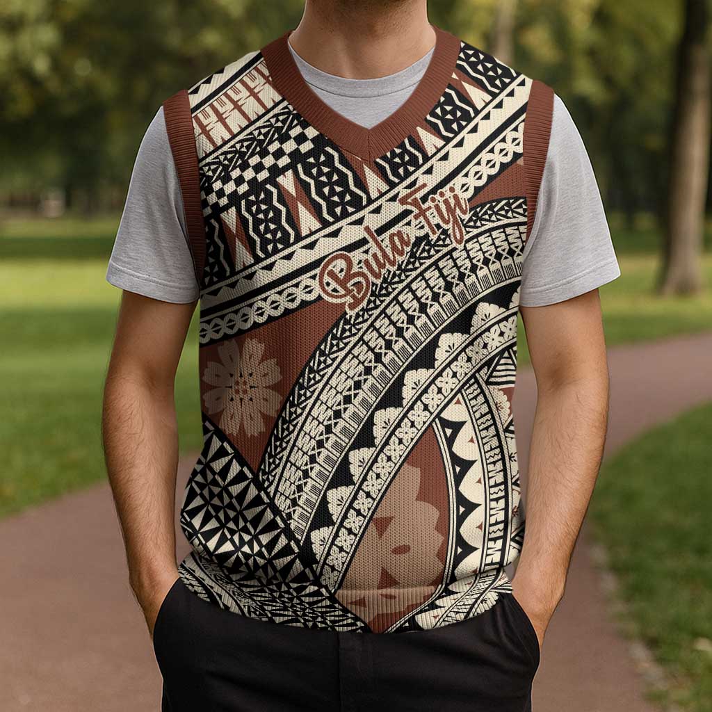 Bula Fiji Classic Masi Tapa Christmas Knitted V-Neck Vest Vintage Brown - Polynesian Pride