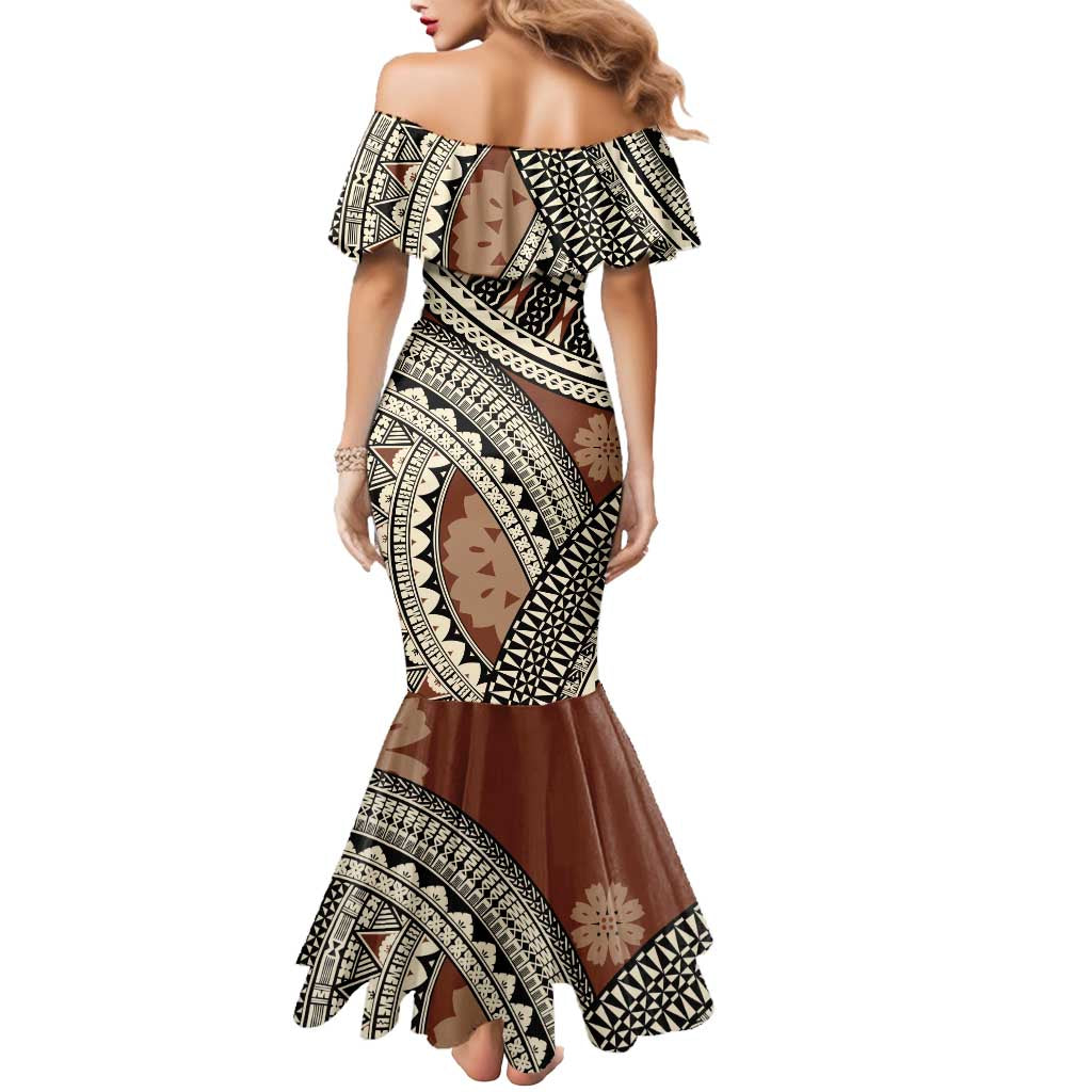Bula Fiji Classic Masi Tapa Mermaid Dress Vintage Brown - Polynesian Pride
