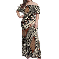 Bula Fiji Classic Masi Tapa Off Shoulder Maxi Dress Vintage Brown - Polynesian Pride