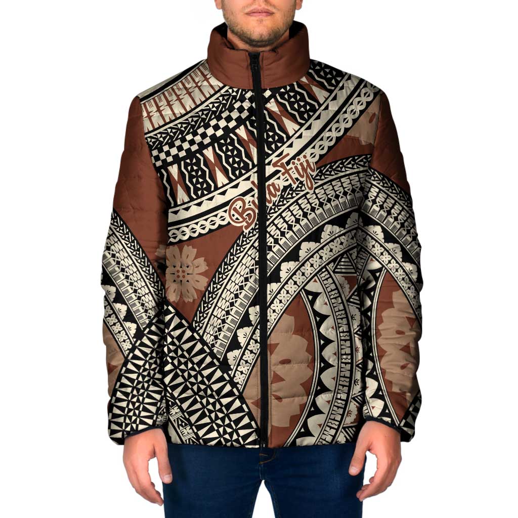 Bula Fiji Classic Masi Tapa Padded Jacket Vintage Brown - Polynesian Pride