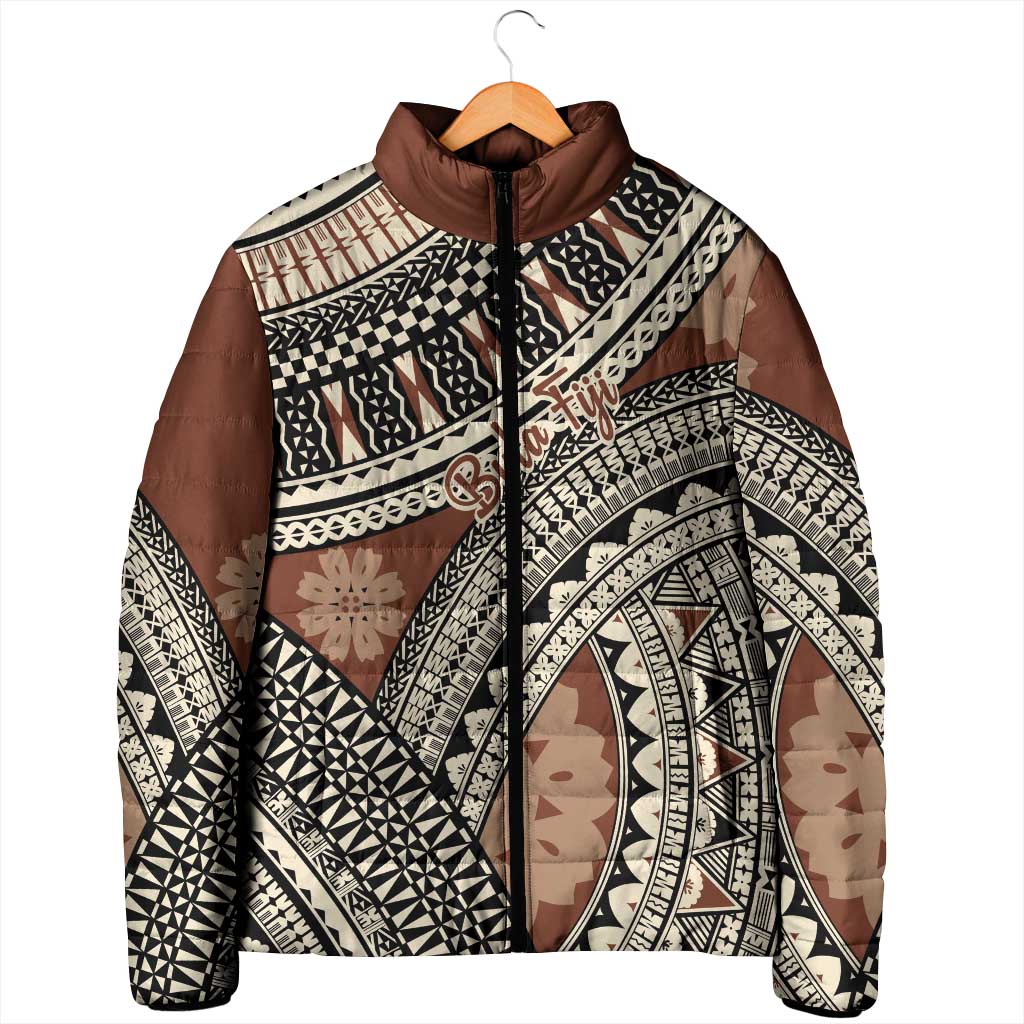Bula Fiji Classic Masi Tapa Padded Jacket Vintage Brown - Polynesian Pride