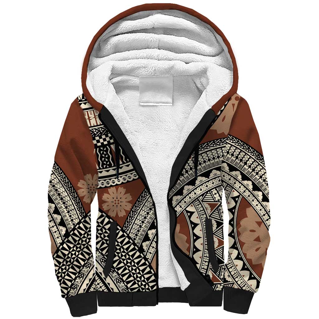 Bula Fiji Classic Masi Tapa Sherpa Hoodie Vintage Brown - Polynesian Pride