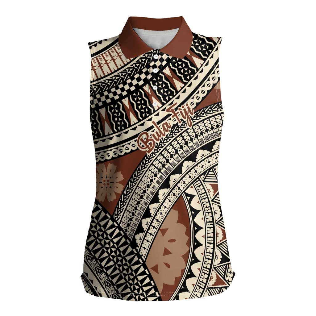 Bula Fiji Classic Masi Tapa Women Sleeveless Polo Shirt Vintage Brown - Polynesian Pride