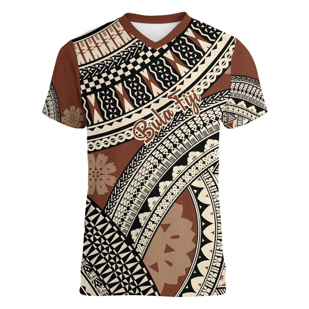 Bula Fiji Classic Masi Tapa Women V-Neck T-Shirt Vintage Brown - Polynesian Pride