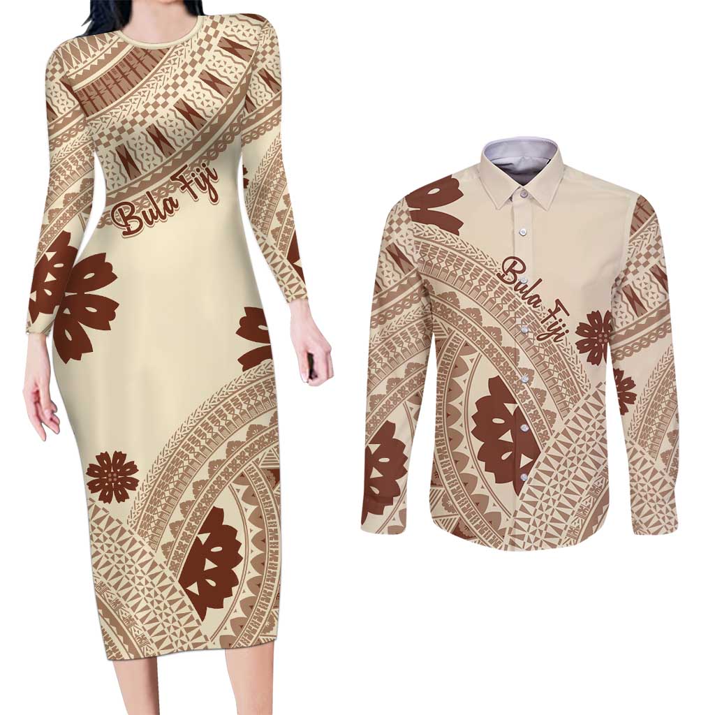 Bula Fiji Classic Masi Tapa Couples Matching Long Sleeve Bodycon Dress and Long Sleeve Button Shirt Vintage Beige - Polynesian Pride