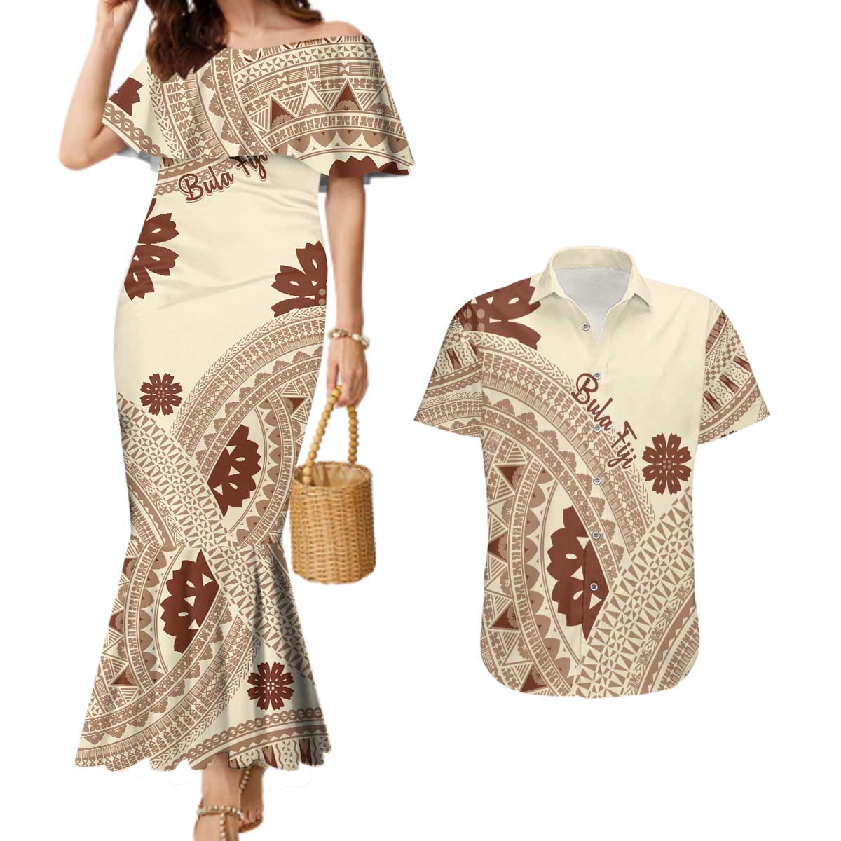 Bula Fiji Classic Masi Tapa Couples Matching Mermaid Dress and Hawaiian Shirt Vintage Beige - Polynesian Pride