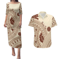 Bula Fiji Classic Masi Tapa Couples Matching Puletasi and Hawaiian Shirt Vintage Beige - Polynesian Pride
