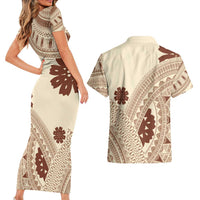 Bula Fiji Classic Masi Tapa Couples Matching Short Sleeve Bodycon Dress and Hawaiian Shirt Vintage Beige - Polynesian Pride