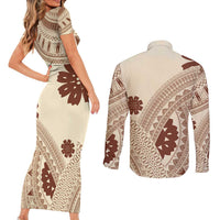 Bula Fiji Classic Masi Tapa Couples Matching Short Sleeve Bodycon Dress and Long Sleeve Button Shirt Vintage Beige - Polynesian Pride