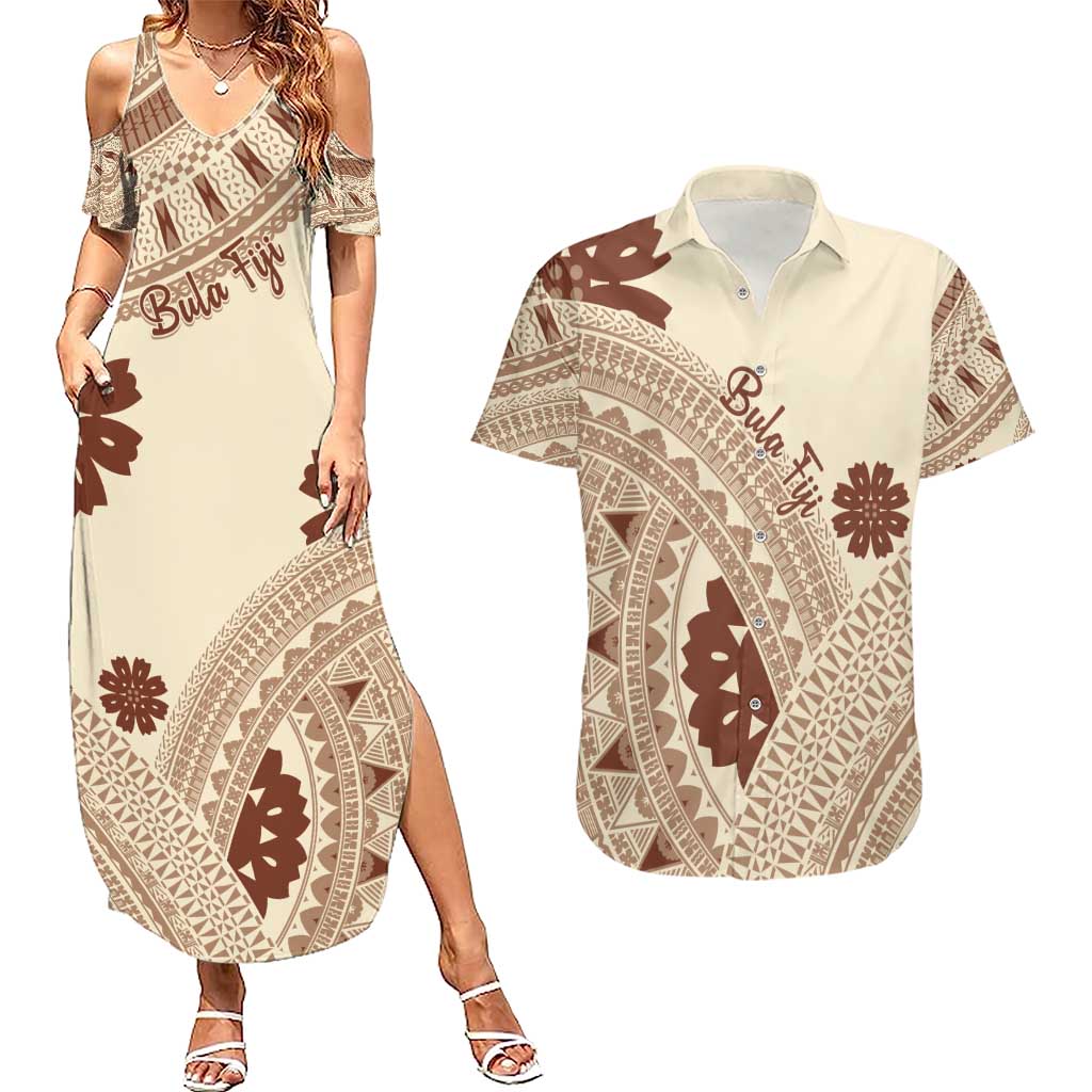 Bula Fiji Classic Masi Tapa Couples Matching Summer Maxi Dress and Hawaiian Shirt Vintage Beige - Polynesian Pride