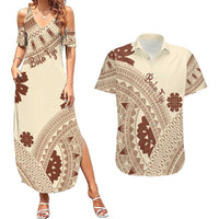 Bula Fiji Classic Masi Tapa Couples Matching Summer Maxi Dress and Hawaiian Shirt Vintage Beige - Polynesian Pride