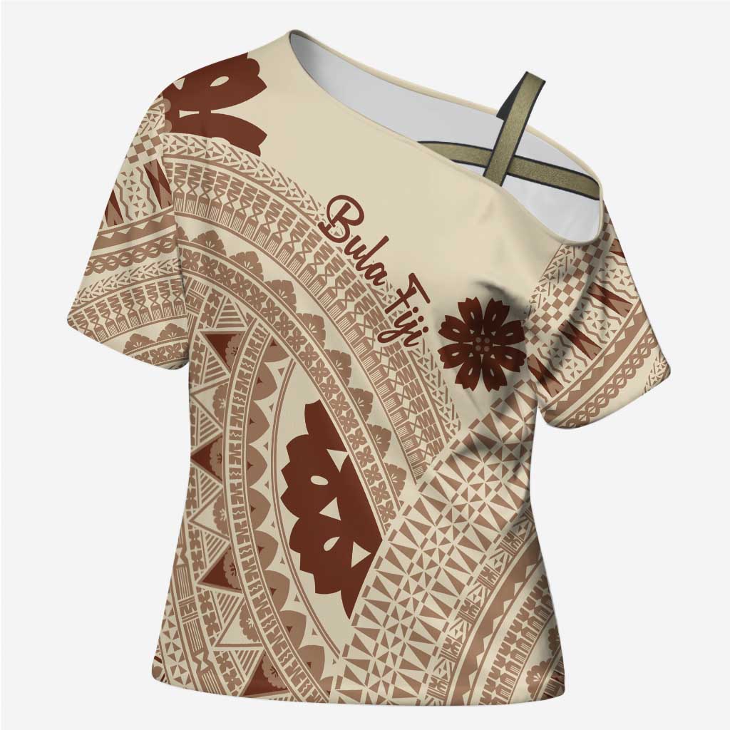 Bula Fiji Classic Masi Tapa Cross Shoulder Shirt Vintage Beige - Polynesian Pride