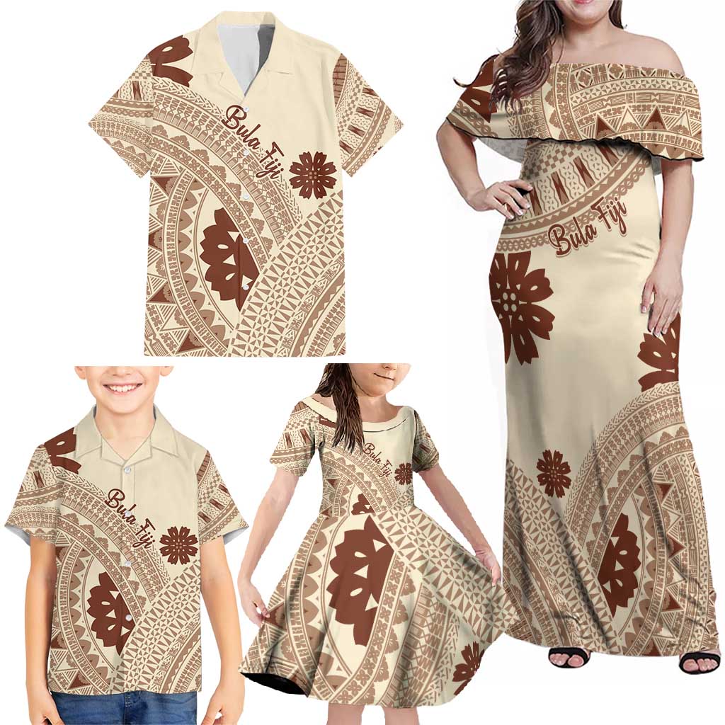 Bula Fiji Classic Masi Tapa Family Matching Off Shoulder Maxi Dress and Hawaiian Shirt Vintage Beige - Polynesian Pride
