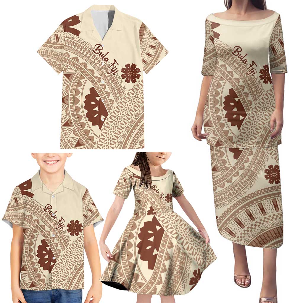 Bula Fiji Classic Masi Tapa Family Matching Puletasi and Hawaiian Shirt Vintage Beige - Polynesian Pride