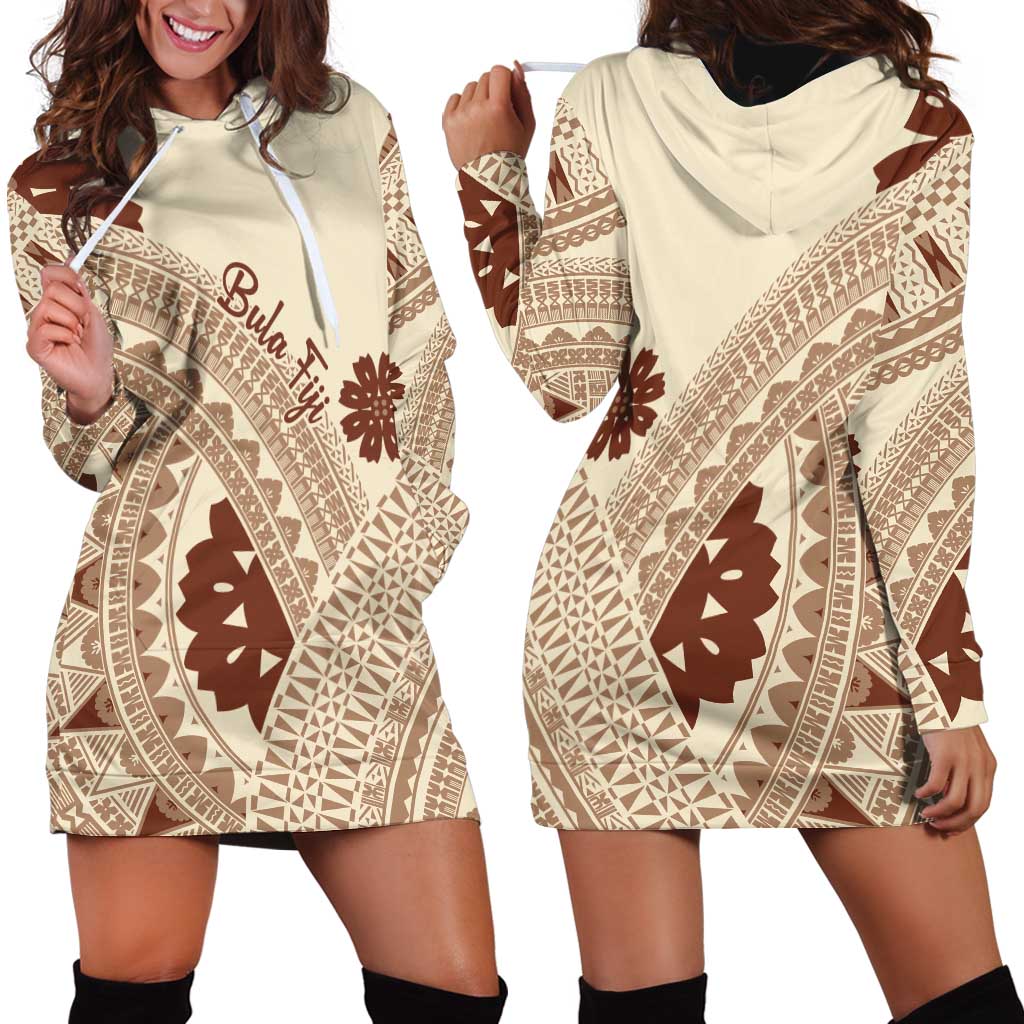 Bula Fiji Classic Masi Tapa Hoodie Dress Vintage Beige - Polynesian Pride
