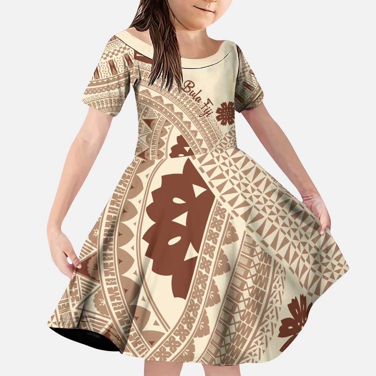 Bula Fiji Classic Masi Tapa Kid Short Sleeve Dress Vintage Beige - Polynesian Pride