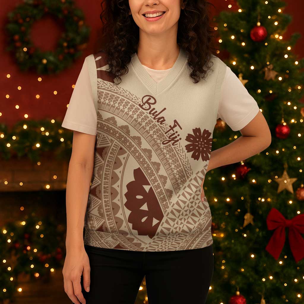 Bula Fiji Classic Masi Tapa Christmas Knitted V-Neck Vest Vintage Beige - Polynesian Pride