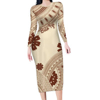 Bula Fiji Classic Masi Tapa Long Sleeve Bodycon Dress Vintage Beige - Polynesian Pride