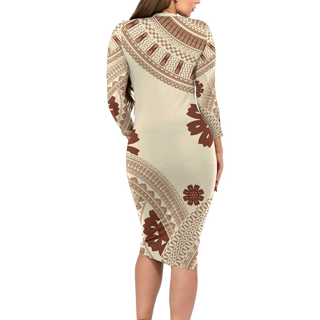 Bula Fiji Classic Masi Tapa Long Sleeve Bodycon Dress Vintage Beige - Polynesian Pride