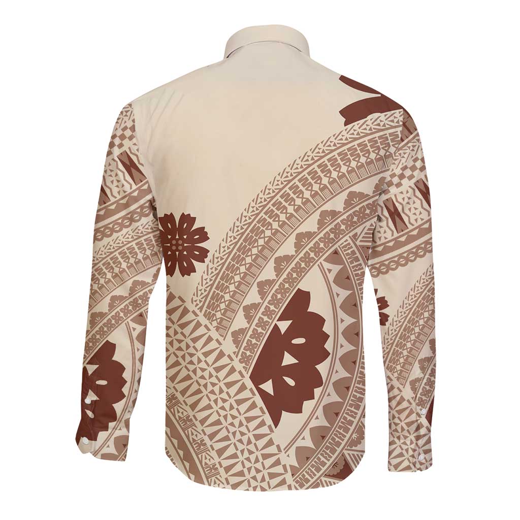 Bula Fiji Classic Masi Tapa Long Sleeve Button Shirt Vintage Beige - Polynesian Pride